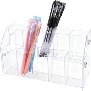 TRMFUSA 클리어 아크릴 펜 홀더 문구점 쓰기 데스크톱 펜촉 케이스 2겹 냄비 디스플레이 정리함 보관