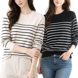 3종세트 여성용 라운드넥 단가라 니트 스트라이프 슬림핏 긴팔 니...