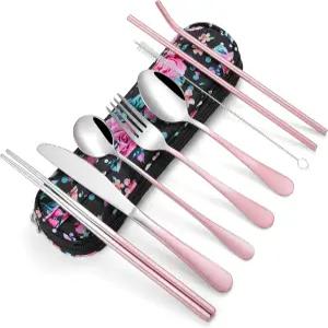 여행 도구 재사용 가능한 은식기 세트 도시락용 방수 휴대용 케이스 포함 식기 직장 캠핑 피크닉(GraPink)