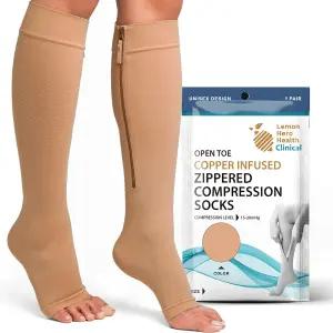 레몬 히어로 구리 주입 오픈 토 지퍼 압박 양말 15-20mmHg 여성 및 남성용 발가락 무릎 고압착 스타킹 순환