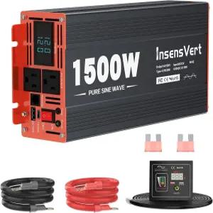 1500와트 순수 사인파 파워 인버터 DC 12V ~ 120V AC 2개 USB 18W 및 30W 타입-C 충전 포트 가정용 RV