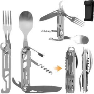 카팔리 6-in-1 탈착식 캠핑 도구 플랫웨어 세트 접이식 스푼 포크 나이프 캔 오프너 콤보 스테인리스 여행