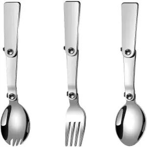 Pinenjoy 3Pcs 접이식 포크 스푼 스팍 세트 18/10(304) 스테인리스 스틸 휴대용 캠핑 플랫웨어 여행용