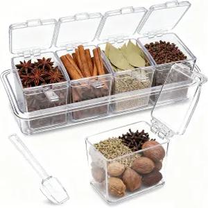 톤크 클리어 조미료 상자 4피스 랙 향신료 냄비 보관 용기 병 아크릴 설탕 소금 카다몬 시나몬용 커버 및