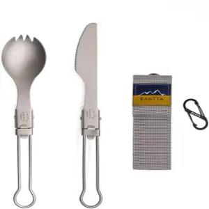 배낭여행 하이킹 캠핑 여행을 위한 파우치와 카라비너가 포함된 산타 휴대용 티타늄 접이식 식기