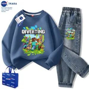 마인크래프트 맨투맨 데님  팬츠 티셔츠 긴팔 여아 남아 캐릭터 라운드 루즈핏 키즈