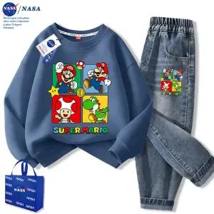 슈퍼 마리오 맨투맨 티셔츠 데님 팬츠 초등학생 면 라운드 아동 키즈 봄 긴팔