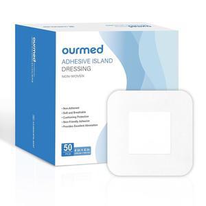 아워메드 드레싱 테두리 거즈 4 x 2 흡수 패드 50팩 고흡수성 라텍스 및 고무가 없는 자가 접착 멸균 긁힘 방지