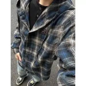 록쉬블몰 춘추 빈티지 남성용 솔리드 체크 셔츠 후드 HO3