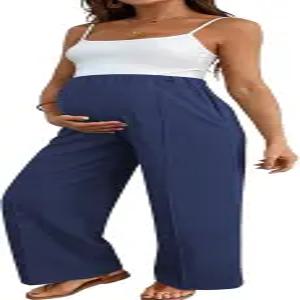 BLENCOT 여성용 임산부 바지 작업 조절 가능 허리 넓은 다리 와플 니트 주머니가 있는 임신복