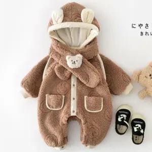 유아기모우주복 브라운 스마일 뽀글이 아동우주복 목도리세트 205038