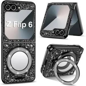 삼성 갤럭시 Z 플립 6 5G 케이스 글리터 반짝임 블링 매트 백 MagSafe 메이크업 미러 스탠드 충격 방지