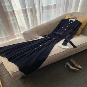 우아하고 섹시한 슬림핏 긴팔 니트 드레스 딥 블루 가을 겨울 여성 패션 하이웨이스트 A라인 드레스 캐주얼