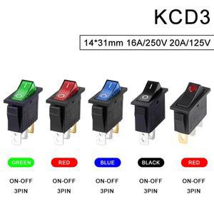 KCD3 로커 스위치, ON-OFF 3 핀 전원 LED 조명, 16A250V, 20A125VAC, 5 개, 20 개