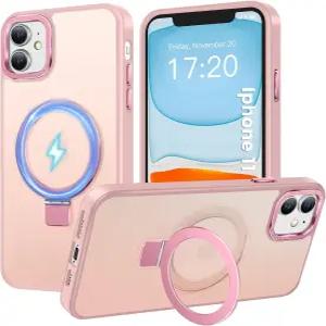 11 케이스용 HuwaiH 마그네틱 스탠드 군용 등급 보호 지문 긁힘 방지 반투명 매트 폰 케이스 핑크