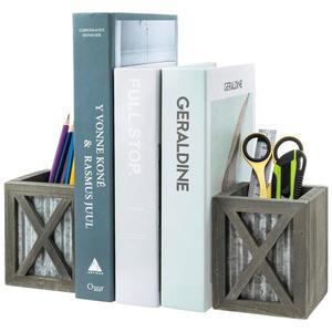마이기프트 빈티지 장식 북엔드, 데스크톱 펜 홀더 펜슬 컵 문구류 보관함으로 홈 오피스, 교실, 기숙사 방, 골판 아연 도금 금속 액센트가 있는 회색 목재로 마감됩니다