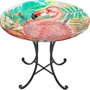 야외 마당 정원 장식용 금속 스탠드가 있는 맘탑 유리 조류 목욕 18인치 지름 플라밍고 그릇 21.65인치