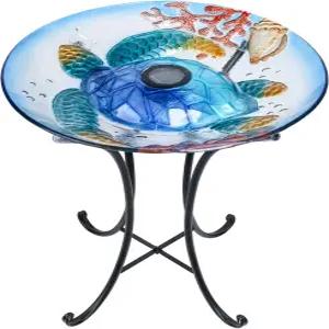 맘탑 야외 조류 목욕 금속 스탠드가 있는 대형 유리 그릇 정원 잔디 마당 장식용 태양 거북 높이 18 Dia