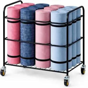 4개의 캐스터 휠이 있는 마이기프트 요가 매트 보관 랙 바닥 운동을 위한 블랙 롤링 홀더 폼 롤러 정리함