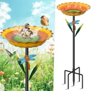 야외용 금속 해바라기 새 목욕 2인치 딥 빈티지 모이통 물그릇 5개의 갈래 베이스 34인치 프리스탠딩 가든