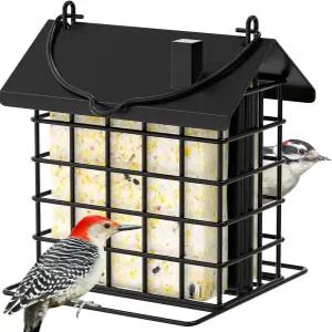 야외 걸이용 Gbekery 올메탈 더블 스위트 버드 피더 내후성 지붕이 있는 케이크 케이지 홀더 정원용 퍼치