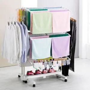 스테인리스 빨래 건조대 접이식 바퀴형 대용량 이동식 빨래 건조대 실내 6단 스탠드 베란다 높이 다단 조절