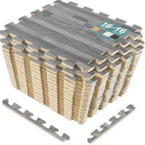 소버스 목재 바닥 매트 폼 연동 각 타일 1 평방 피트 3/8 인치 두꺼운 퍼즐 - 홈 오피스 플레이룸 지하(16