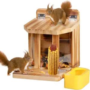 물그릇이 있는 MIXXIDEA 나무 다람쥐 모이통 외부용 대용량 견고한 구조 옥수수 땅콩 견과류 밤용 조립식