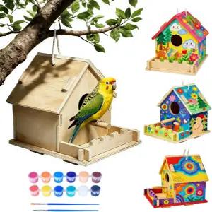 생일 선물로 조립하고 페인트칠할 수 있는 DIY 새집 키트 4팩 페인트 브러시와 행잉 체인이 미완성 목조