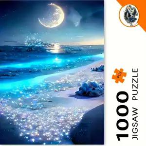 퍼즐 1000피스 블루 문라이트 비치 - 초승달과 빛나는 모래가 있는 별이 밤 해안 풍경 성인 도전적인