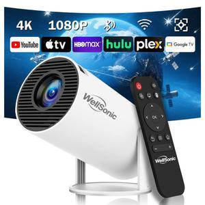 WellSonic 미니 지원 4K, Wi-Fi6 및 5 0 블루투스, 자동 키스톤 보정 기능, 180 회전 가능, HDMI USB PC 노트북과 호환되는 200안시 실외 가정용 영화 휴대용