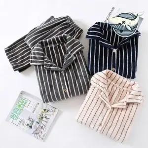 극세사잠옷세트 따뜻한 스트라이프 커플 수면 잠옷 부드러운