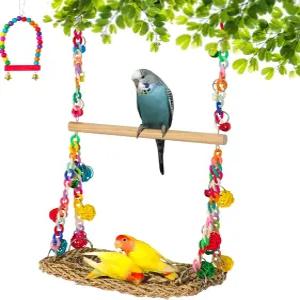 나무 농어가 있는 천연 새 그네 장난감 이중층 해초 직조 클라이밍 해먹 씹을 수 농어 스탠드 잉꼬 버기