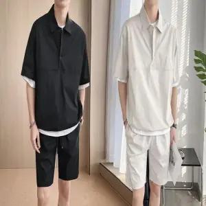 허리밴딩반바지 남성 여름 데일리 편한 쿨 반팔 카라티 반바지 세트