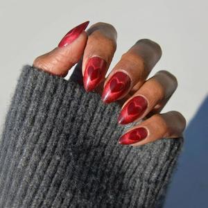 VALENTINES DAY GLAMNETIC PRESS ON NAILS 하트 아몬드 SENT 키트 마감의 쇼트 페이크 디자인의 레드 WITH 캣아이 마그네틱 벨벳 사이즈 LOVE 밝은 | 15가지 - 포함 네일 30개