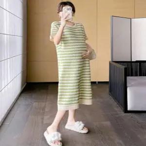 임산부 임부복 여름 원피스 시원한 스트라이프 니트 롱 그린 넉넉핏