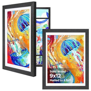 KINLINK 9x12 아트 프레임 2종 세트, 전면 개방으로 변경 가능한 솔리드 우드 아트 프레임 150장, 매트 가 없는 아트 프레임 9x12 프레임 블랙 우드