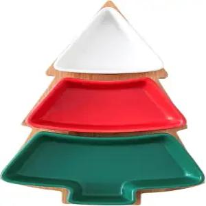 다채로운 크리스마스 트리 접시 칩 앤 딥 세트 대나무 트레이가 있는 12인치 세라믹 스낵 탈착식 도자기