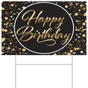 베이슬 생일 축하 마당 표지판 ？ 금과 은 색종이 디자인의 플라스틱 야외 파티 장식 금속 H-스테이크 축제