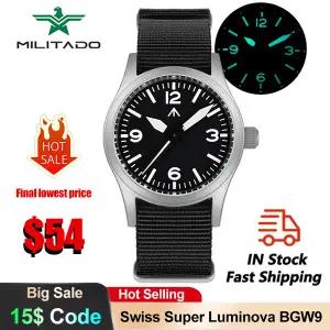 호환  밀리타도 ML05 쿼츠 시계 검 모양의 핸즈 다이얼 VH31 무브먼트 밀리터리 시계 사파이어 발광 100m