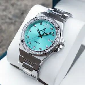 호환  OBLVLO 남성용 럭셔리 스테인리스 스틸 블루 다이얼 팔찌 쿼츠 시계 날짜 표시 팔각형 다이아몬드 베