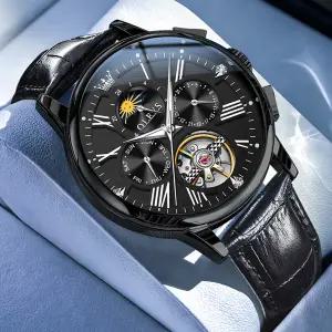 호환  OLEVS 투르비용 남성용 시계 문페이즈 홀로우 맨 메카니컬 손목시계 럭셔리 자동 날짜 표시 깊은 방