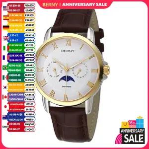 호환  버니 남성용 문페이즈 쿼츠 시계 달력 날짜 주간 비즈니스 원피스 손목시계 사파이어 방수 스테인리