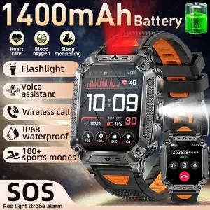 호환  LIGE 1400mAh 대용량 배터리 스마트워치 남성용 아웃도어 SOS 플래시라이트 IP68 스포츠 피트니스 트