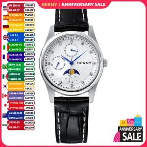 호환  BERNY 여성용 시계 달력 날짜 주 리얼 문 페이즈 쿼츠 여성 시계 가죽 스트랩 우아한 캐주얼 여성용