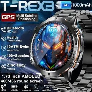 호환  핫 T-REX3 아웃도어 스마트워치 1.73인치 AMOLED 1000mAh 대용량 배터리 나침반 10ATM 방수 통화 기