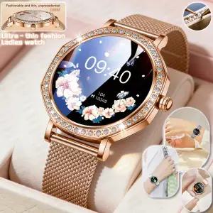 호환  1.32인치 럭셔리 여성 스마트 시계 다이아몬드 다이얼 초박형 바디 블루투스 통화 스마트 시계 심박