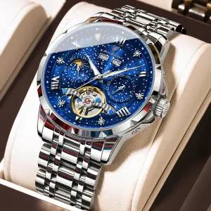 호환  포에다가 탑 남성 시계 오토매틱 메카니컬 스테인리스 스틸 남성용 시계 캘린더 홀로우 투르비옹 남