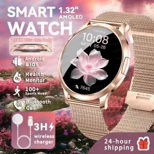 호환  2025 스마트워치 여성용 1.32인치 AMOLED 스포츠 피트니스 팔찌 맞춤형 다이얼 시계 남성용 심박수