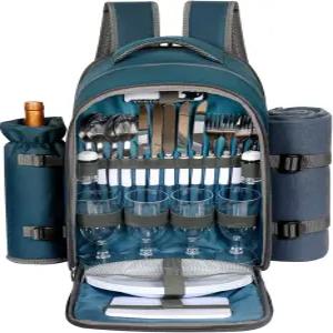 담요 포함 4인용 합팀 피크닉 바구니 백팩 와인 홀더 냉각실 식기 세트 커플 선물 부부 신부 샤워 결혼식